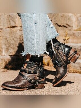 Frye Crue Strappy Distressed Genuine Leather Booties